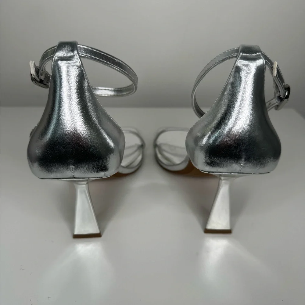 Zara Silver Metallic Heel Strap Sandals Sz 39 - Picture 3 of 5